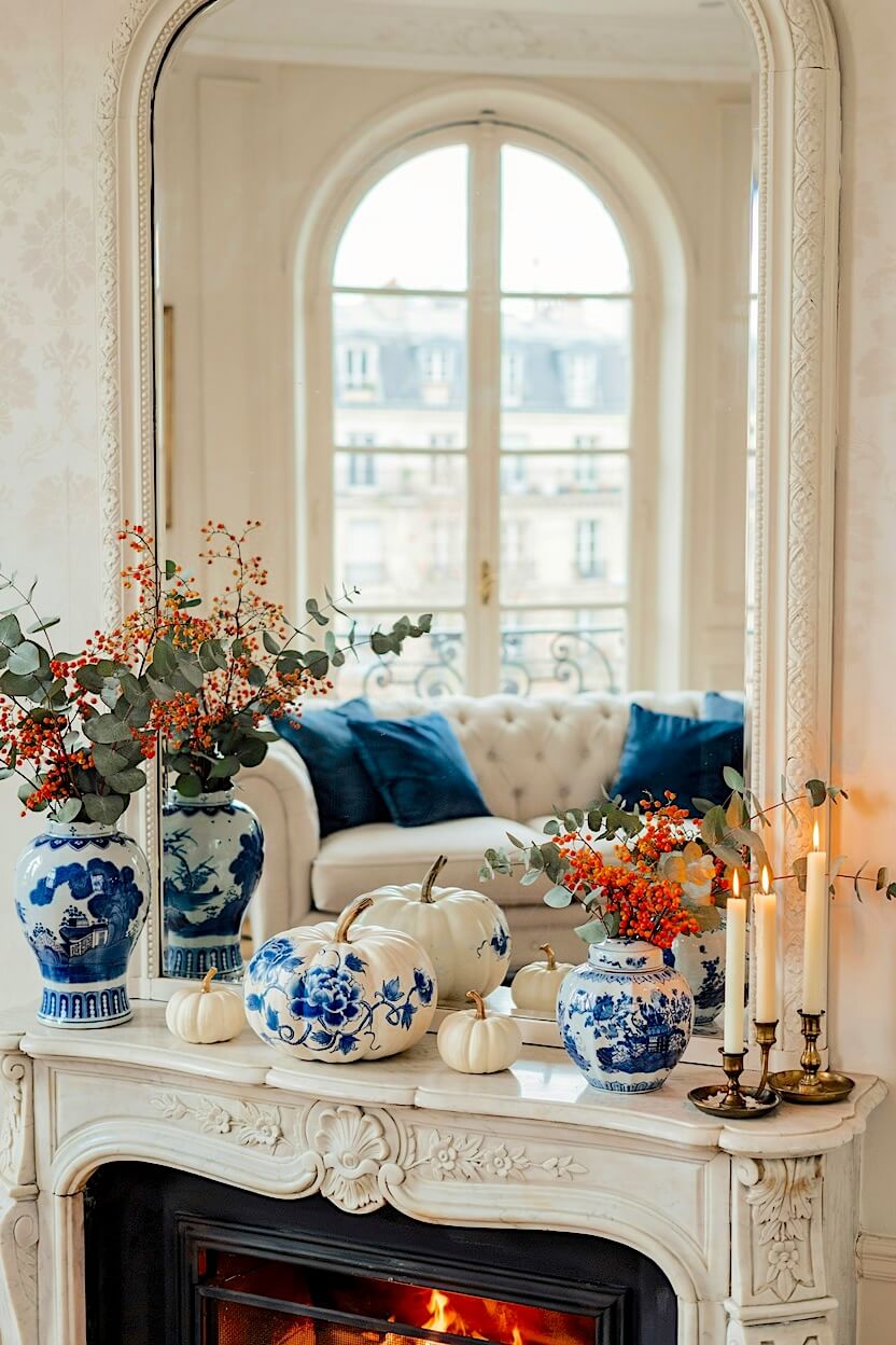 A vintage white carved fireplace showing autumn fireplace styling with blue and white porcelain vases, orange berries, white gourds, and glowing taper candles.