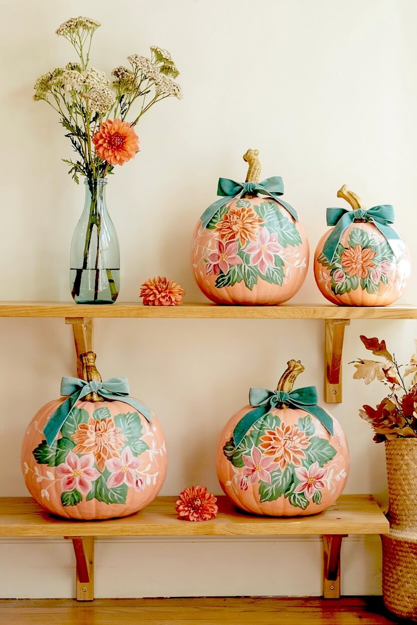 Three peach pumpkins painted with pink dahlias and tied with teal velvet bows sitting on a wood shelf, perfect for painted floral pumpkin inspiration.