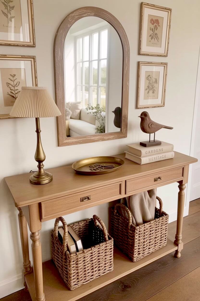 Rustic wood console table showcasing a distressed arched mirror, woven storage baskets, a bronze lamp, and a wooden bird statue in a small vintage hallway.