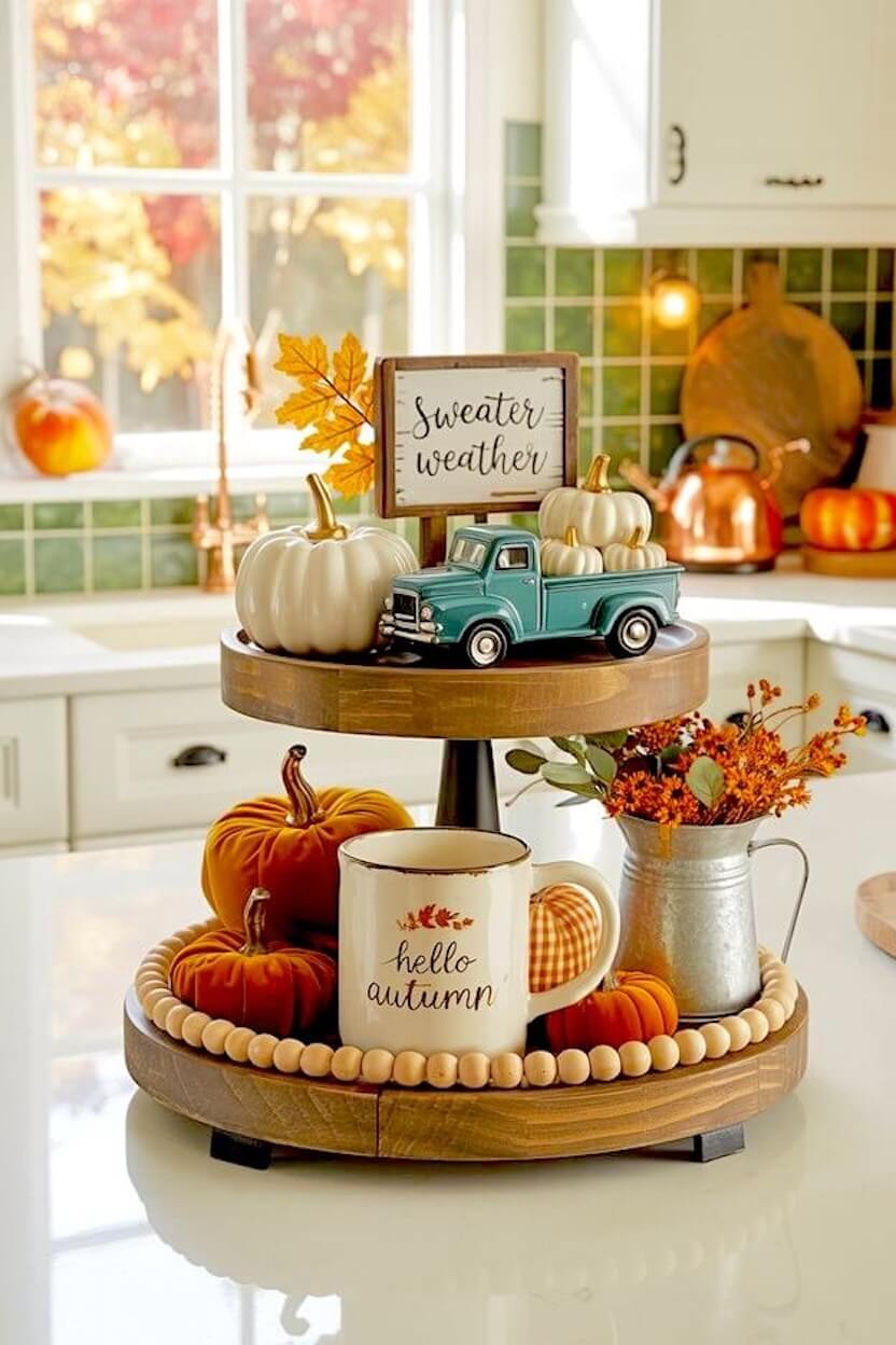 Cozy harvest counter styling features a vintage teal truck carrying white gourds, orange velvet pumpkins, and a hello autumn mug on a dark wood tiered stand.