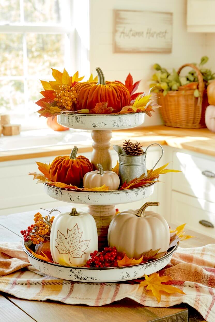 A farmhouse style autumn tray display includes an etched leaf white pumpkin, rich orange velvet pumpkins, scattered red berries, and vibrant faux maple foliage.
