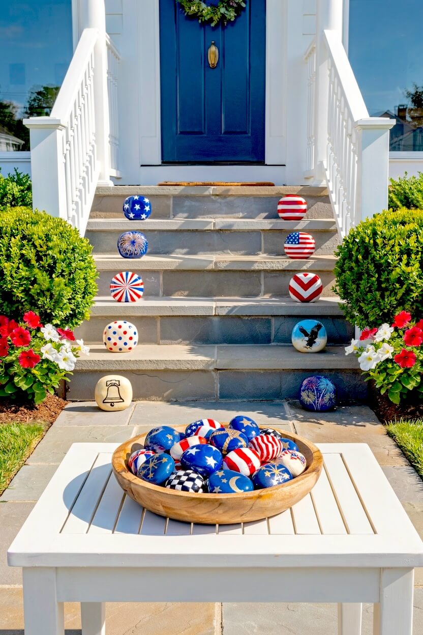 Wooden bowl filled with hand-painted red, white, and blue stones resting on a white table near stone steps lined with matching patriotic summer exterior accents.