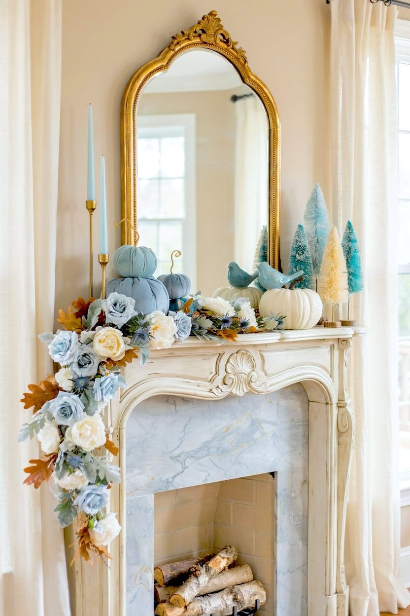 An ornate light stone fireplace showing a seasonal mantel display with pastel blue velvet pumpkins, pale roses, tall blue taper candles, and small bottle trees.