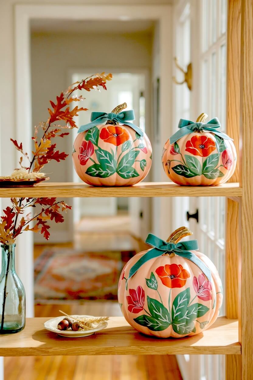 Three light pink pumpkins adorned with bright red painted poppies and teal ribbon bows arranged on a wooden entryway console, ideal for DIY floral painted pumpkins.