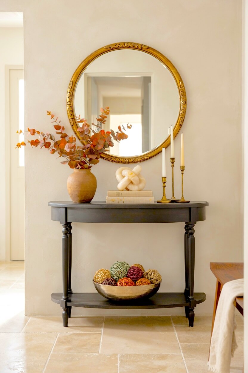 Black curved console table set with a gold vintage mirror, a rustic vase holding autumn eucalyptus stems, and tall brass candlesticks in a dark entryway.