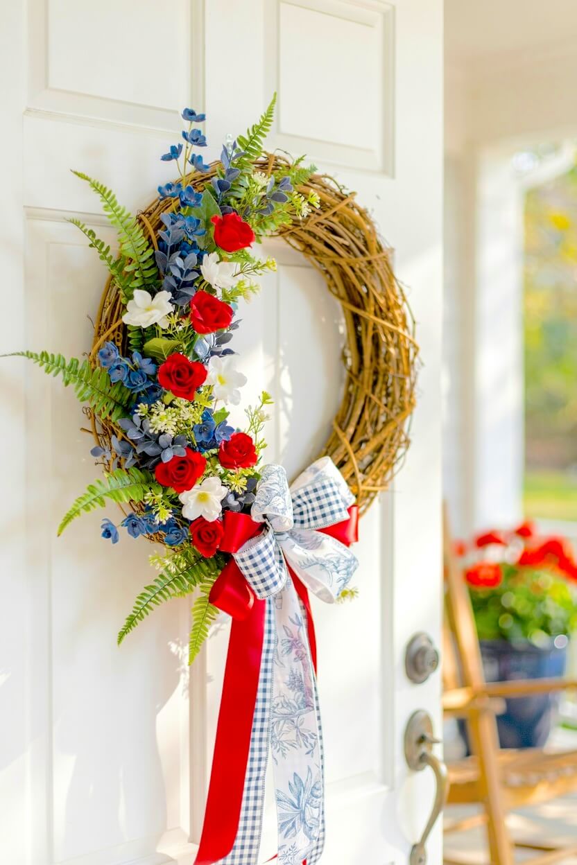 Rustic grapevine wreath adorned with vibrant red roses, blue florals, and a large blue and white plaid ribbon hanging on a white paneled exterior front door.
