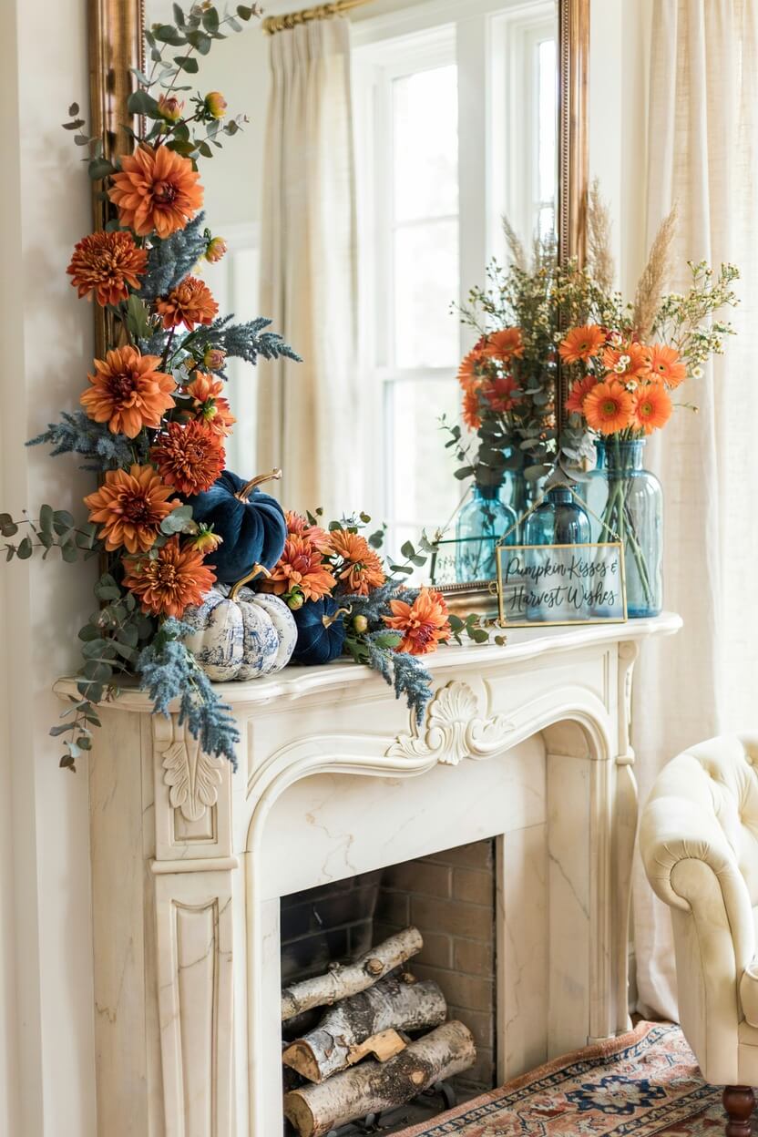 floral cascade of orange dahlias, dark blue velvet pumpkins, and a framed glass sign.