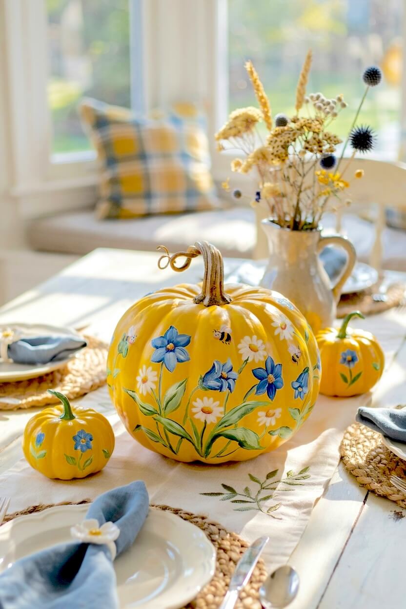 Bright yellow pumpkin painted with blue cornflowers, white daisies, and small bees sitting on a woven placement representing hand-painted floral gourds. 
