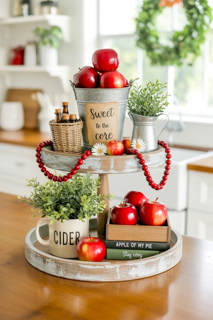 Bright red apples overflow from a metal bucket on a distressed white tiered stand, paired with a cider mug, red wooden bead garland, and fresh greenery accents.