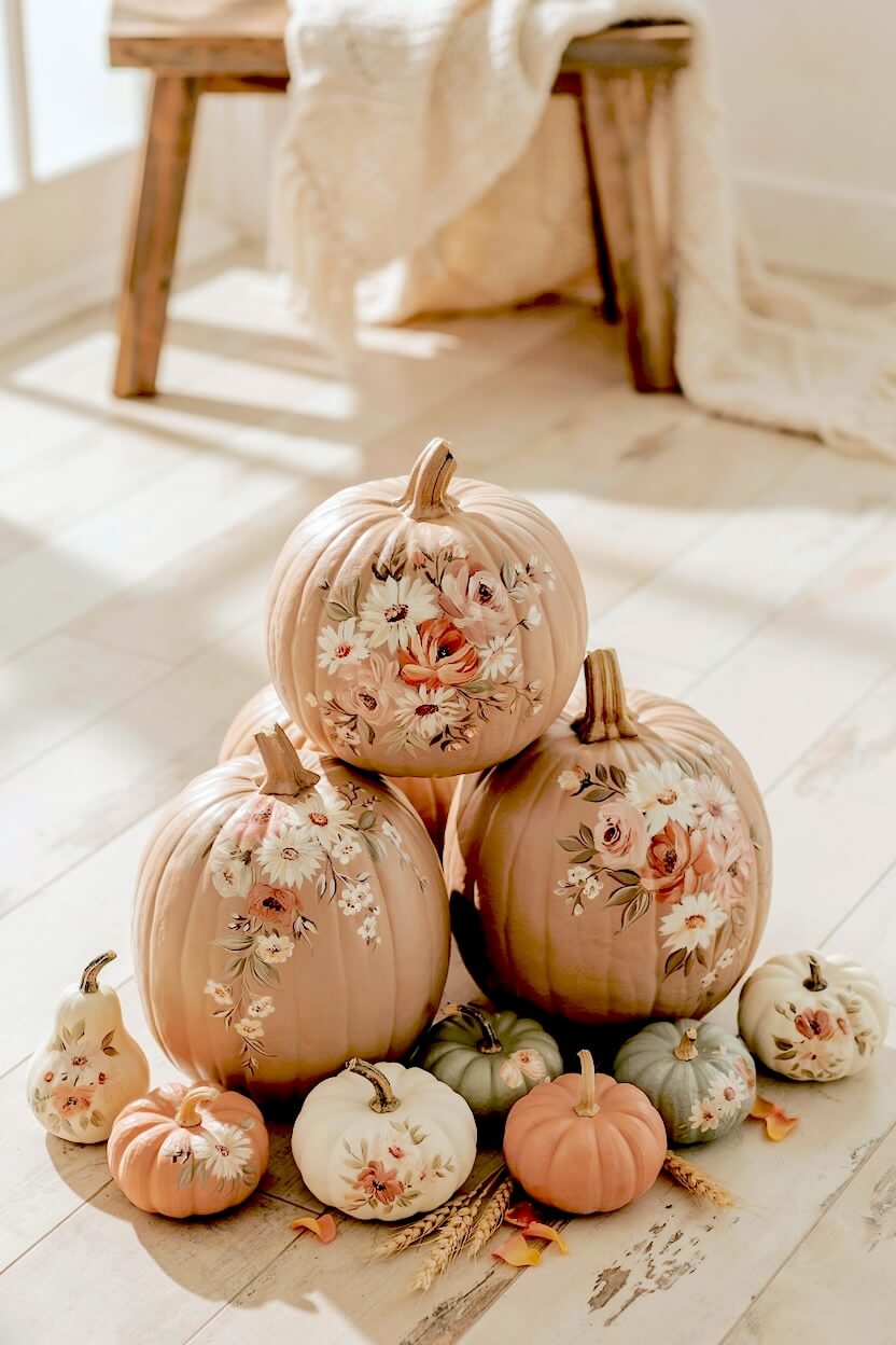 Stack of pale peach and white pumpkins featuring intricate pink rose paintings clustered on a light wood floor, presenting elegant floral painted pumpkins.