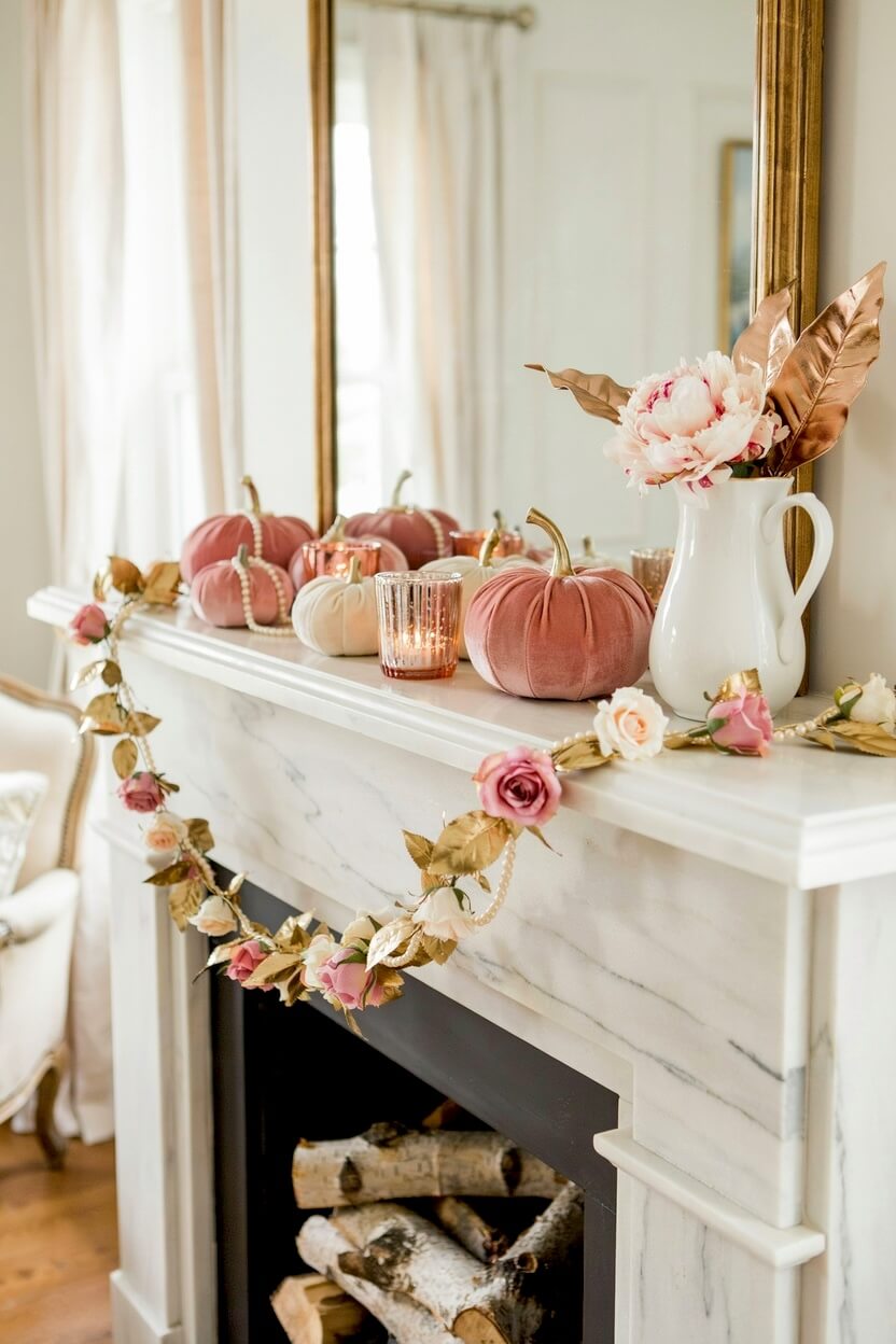 with soft pink velvet pumpkins, a delicate rose garland, and white ceramic floral vases.