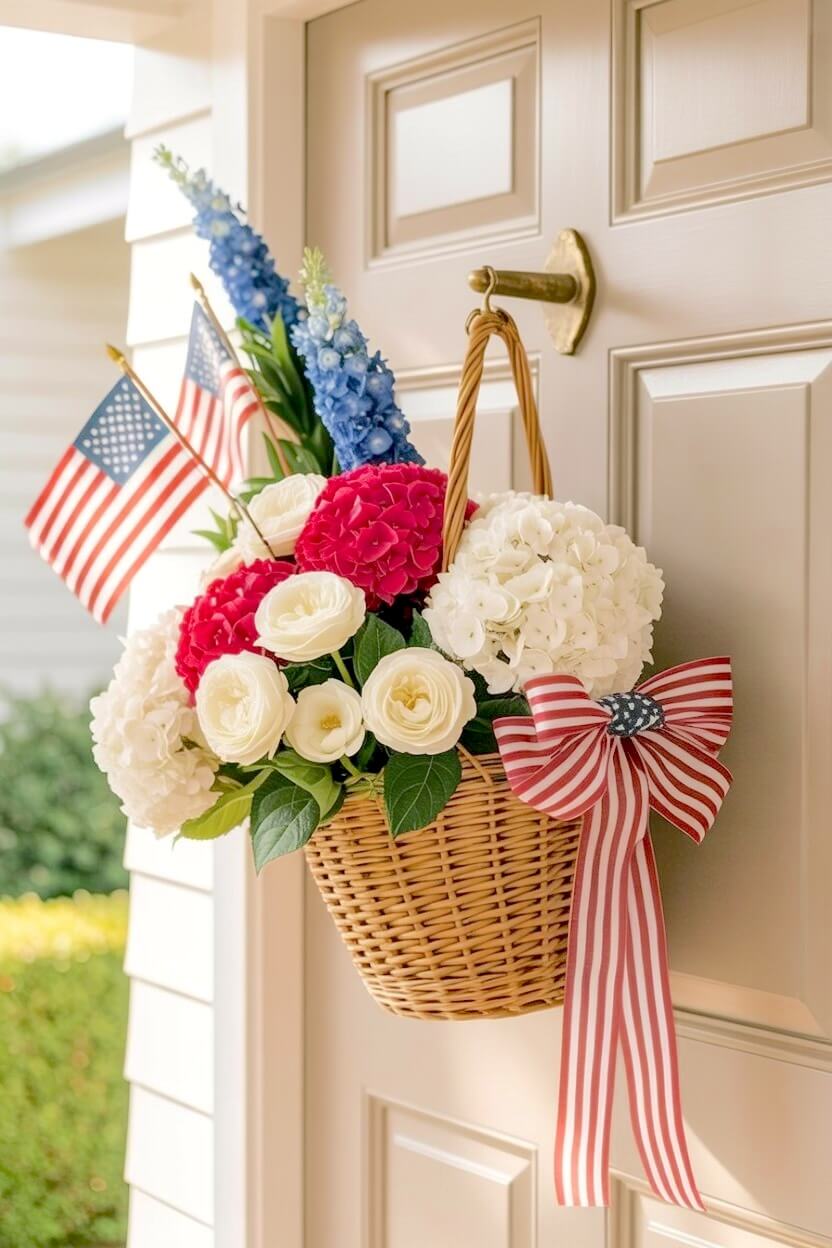 Woven hanging basket filled with lush white hydrangeas and bright red flowers accented by miniature US flags and a striped ribbon for classic Americana decor.