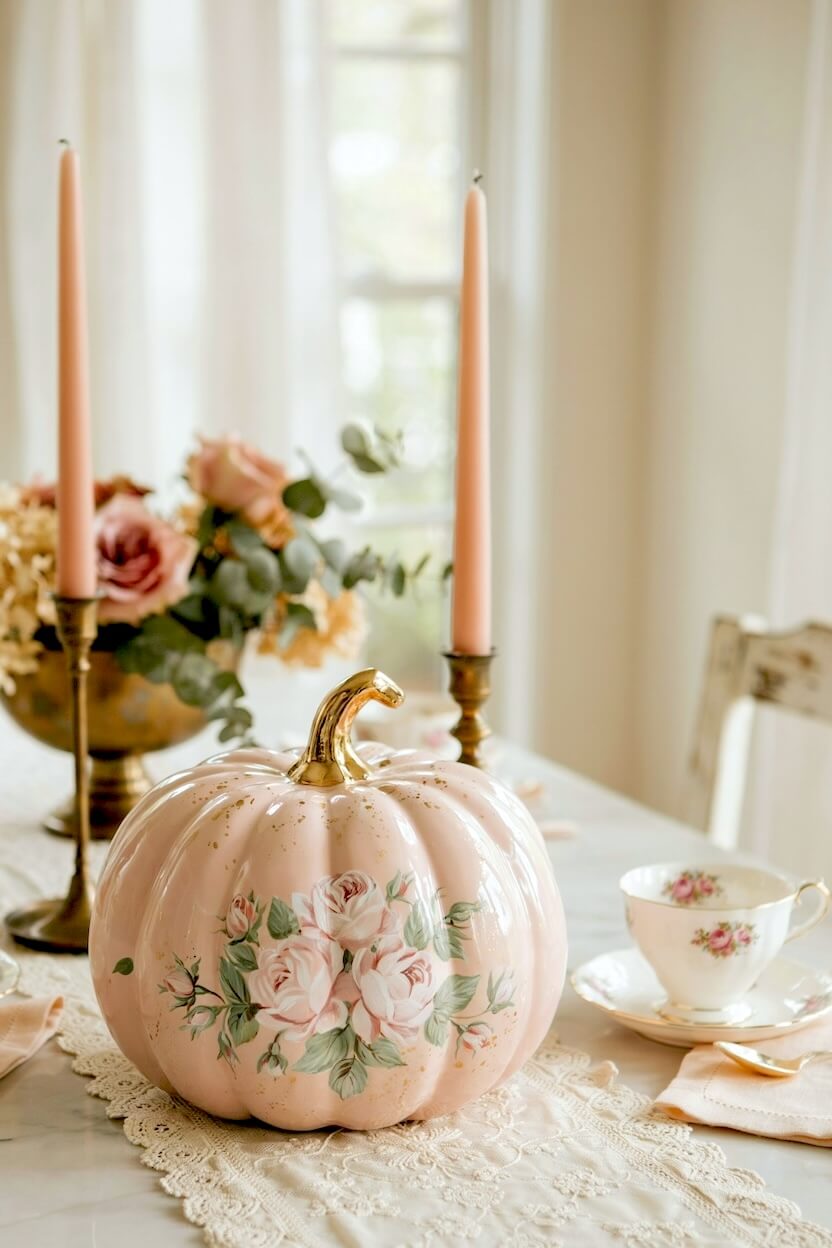 Glossy pale pink pumpkin with a gold stem and painted pink cabbage roses sitting near tall pink taper candles, serving as painted autumn floral decor.