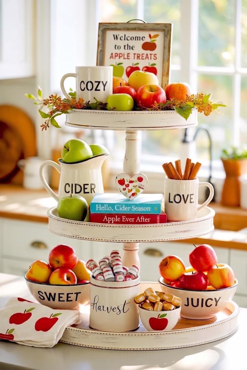 A vibrant autumn kitchen counter display features three tiers of red and green apples, festive cider mugs with cinnamon sticks, and scattered caramel candies.