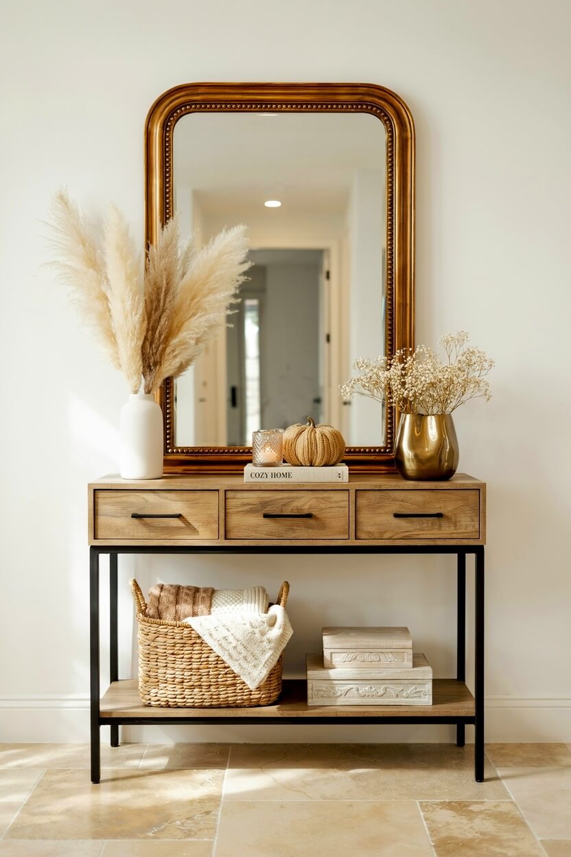 Wood and black metal console table decorated with tall fluffy pampas grass, a woven pumpkin, and a textured storage basket, showcasing industrial small console table decor ideas in a narrow entryway.