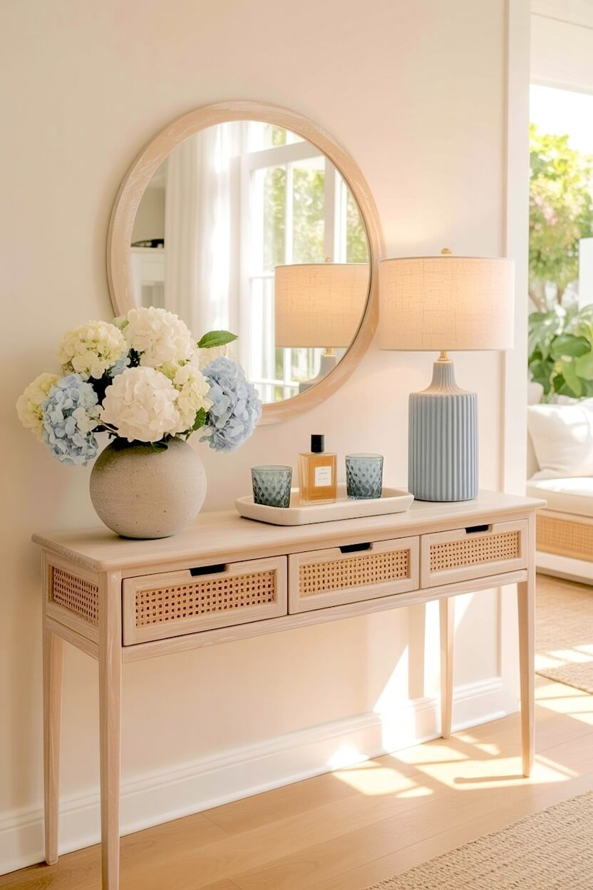 Light cane console table styled with soft blue hydrangeas in a round stone vase, a fluted blue table lamp, and a round mirror in a small coastal entryway.