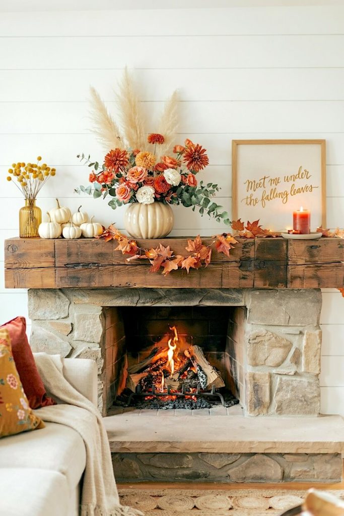 A stone fireplace with a thick wood beam ledge showcasing a cozy autumn hearth design, utilizing orange floral arrangements, white mini pumpkins, and a glowing fire.