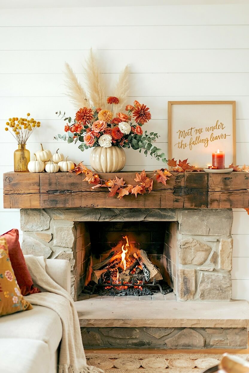 A stone fireplace with a thick wood beam ledge showcasing a cozy autumn hearth design, utilizing orange floral arrangements, white mini pumpkins, and a glowing fire.