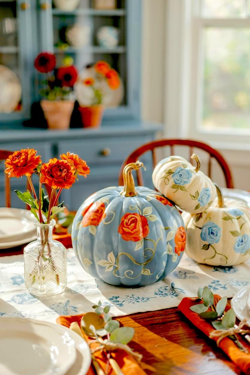 Slate blue pumpkin decorated with bright orange roses and green vines resting on a printed table runner, paired with fall flower pumpkin crafts.
