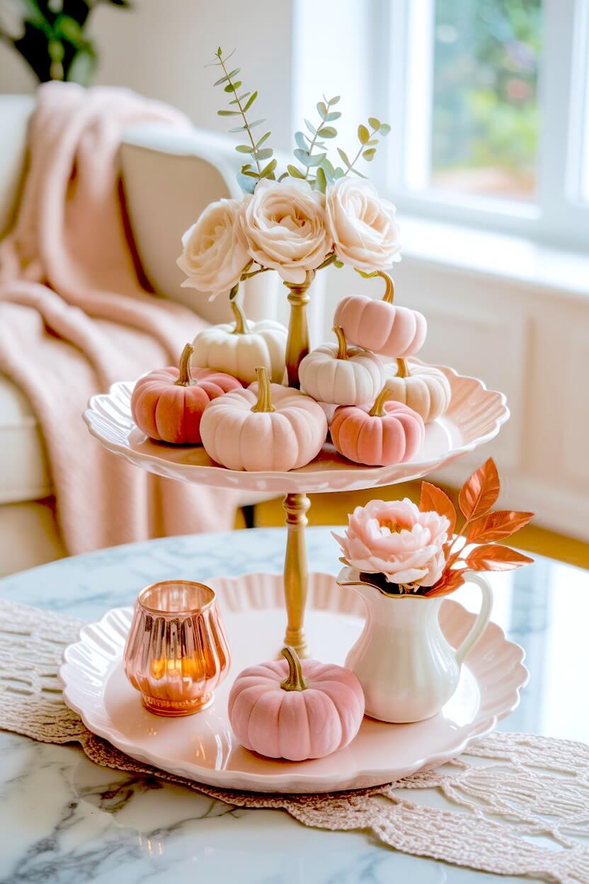 Soft pink and cream velvet pumpkins sit elegantly on a scalloped pastel tiered stand, complemented by a glowing rose gold votive and a pitcher of faux florals.