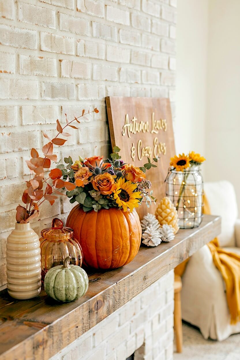 A white painted brick fireplace with rustic fall mantel inspiration using a hollowed orange pumpkin vase filled with bright yellow sunflowers and fresh roses.