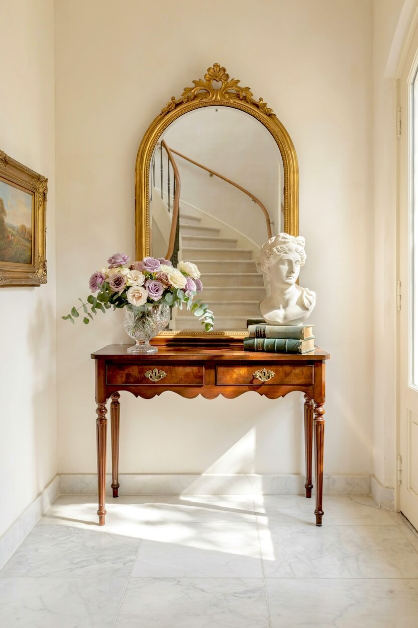Antique dark wood console table showcasing a large gold mirror, purple and white roses in a crystal vase, and a white bust statue in an elegant foyer.