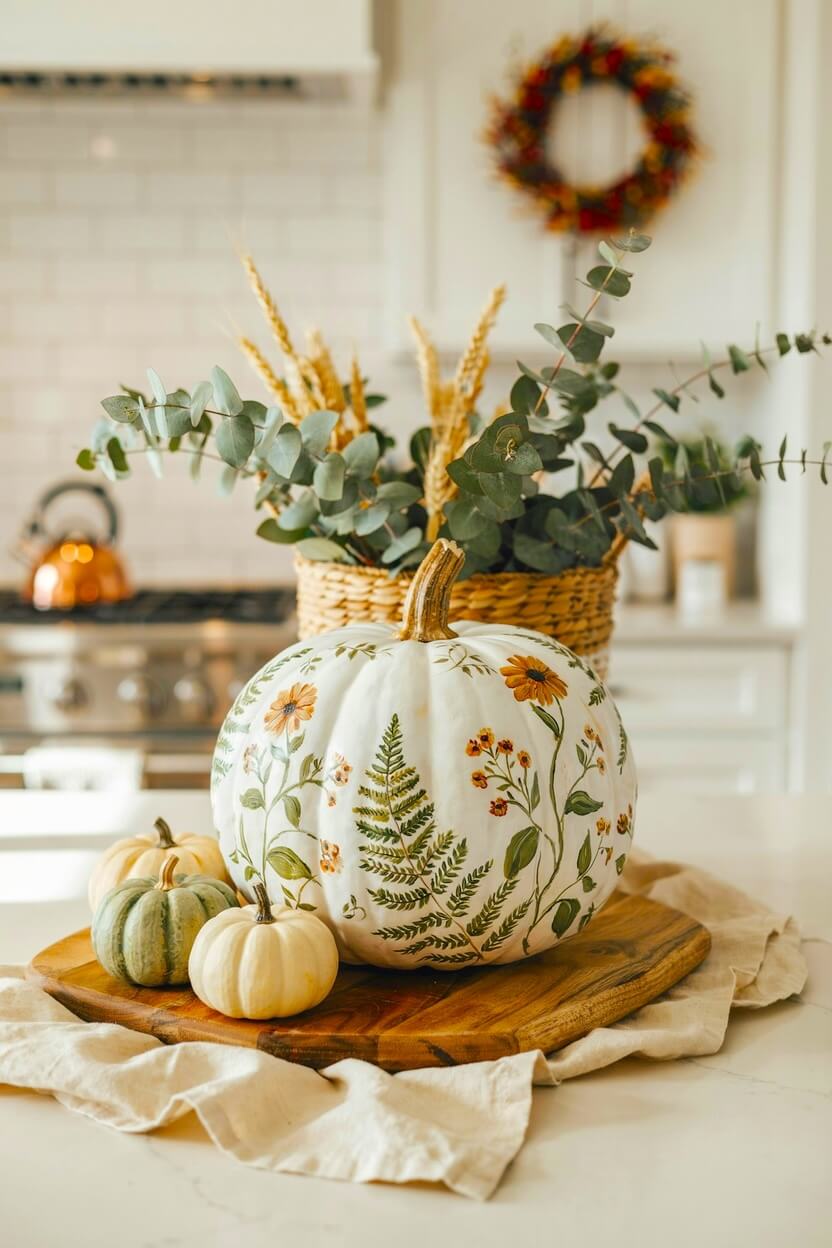White pumpkin featuring painted green ferns and small orange wildflowers positioned on a wooden cutting board, highlighting floral decorated pumpkin designs.