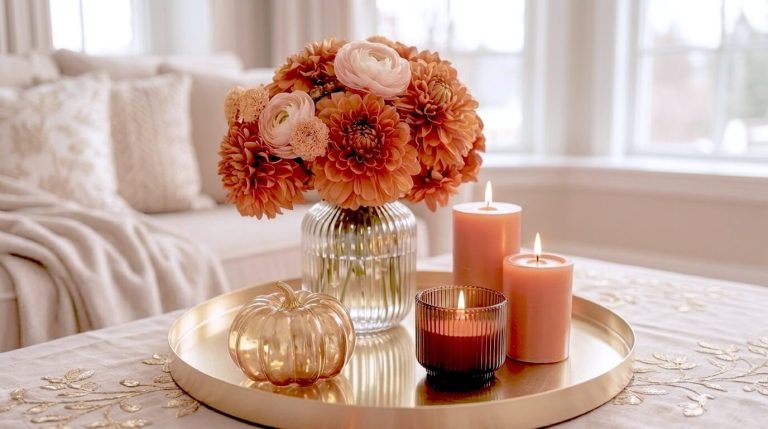 Round gold tray holding a clear ribbed glass vase with peach and rust dahlias near pink pillar candles and a gold pumpkin for fall table decor ideas.