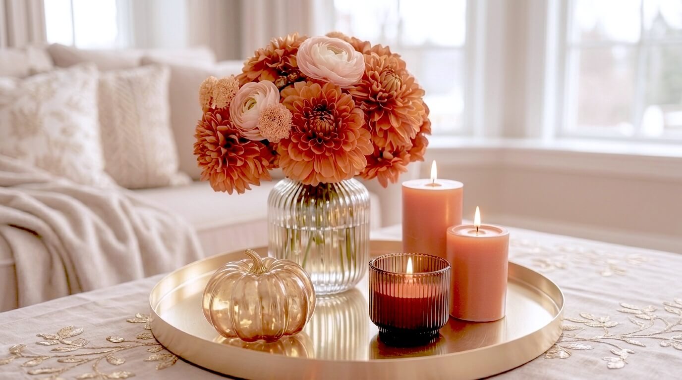 Round gold tray holding a clear ribbed glass vase with peach and rust dahlias near pink pillar candles and a gold pumpkin for fall table decor ideas.