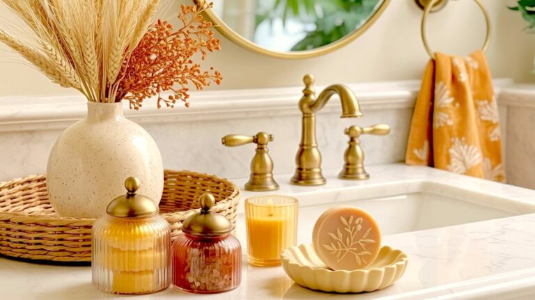 A woven tray on a marble vanity holds a beige vase with dried wheat next to brass lidded glass jars showcasing fall bathroom counter decor ideas.