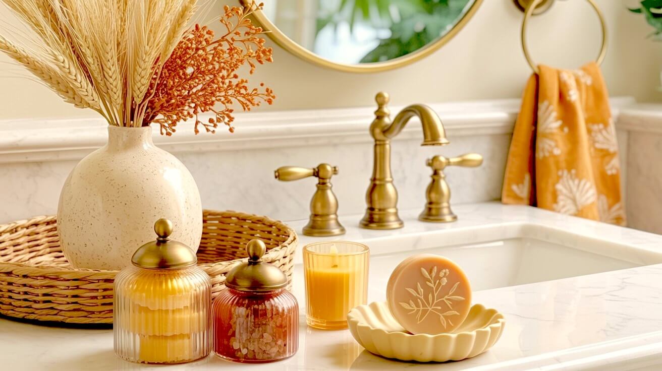 A woven tray on a marble vanity holds a beige vase with dried wheat next to brass lidded glass jars showcasing fall bathroom counter decor ideas.