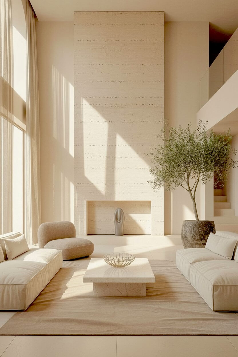 Tall textured stone fireplace flanked by cream bouclé sofas and a solid marble coffee table, showcasing a minimalist luxury living room decor idea.