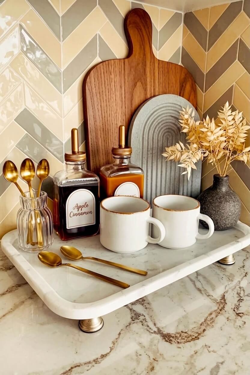 A white marble tray holding amber syrup dispensers, gold spoons, and two white mugs against a herringbone tile backsplash, offering fall coffee corner decor ideas.