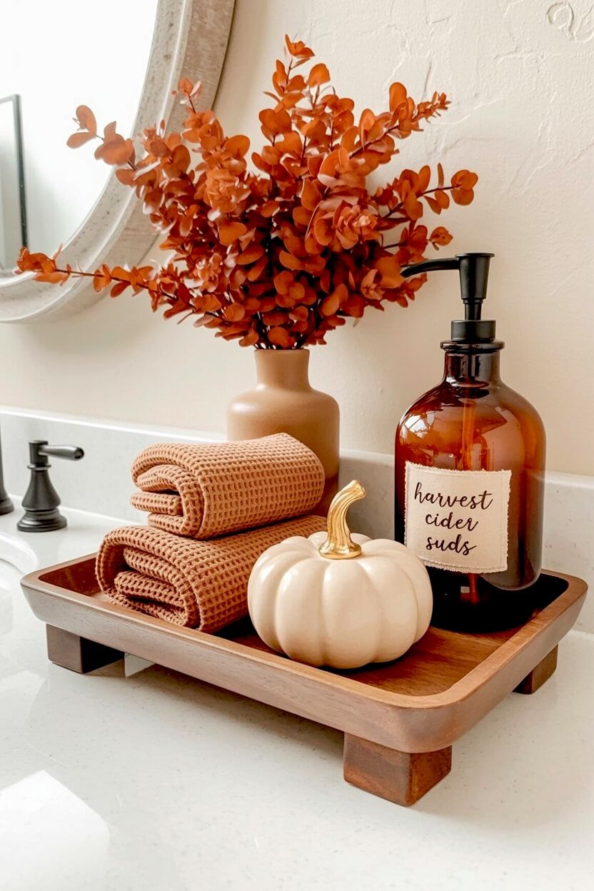 A warm wooden tray displays rust towels, a white ceramic pumpkin, and a brown glass soap dispenser for cozy, warm minimalist fall bathroom counter decor ideas.