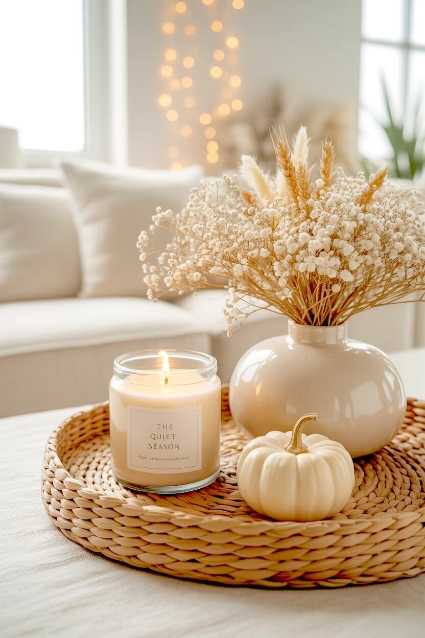 Woven tray holding a white ceramic vase with dried baby breath stems near a lit glass jar candle and small white pumpkin for fall table decor ideas.