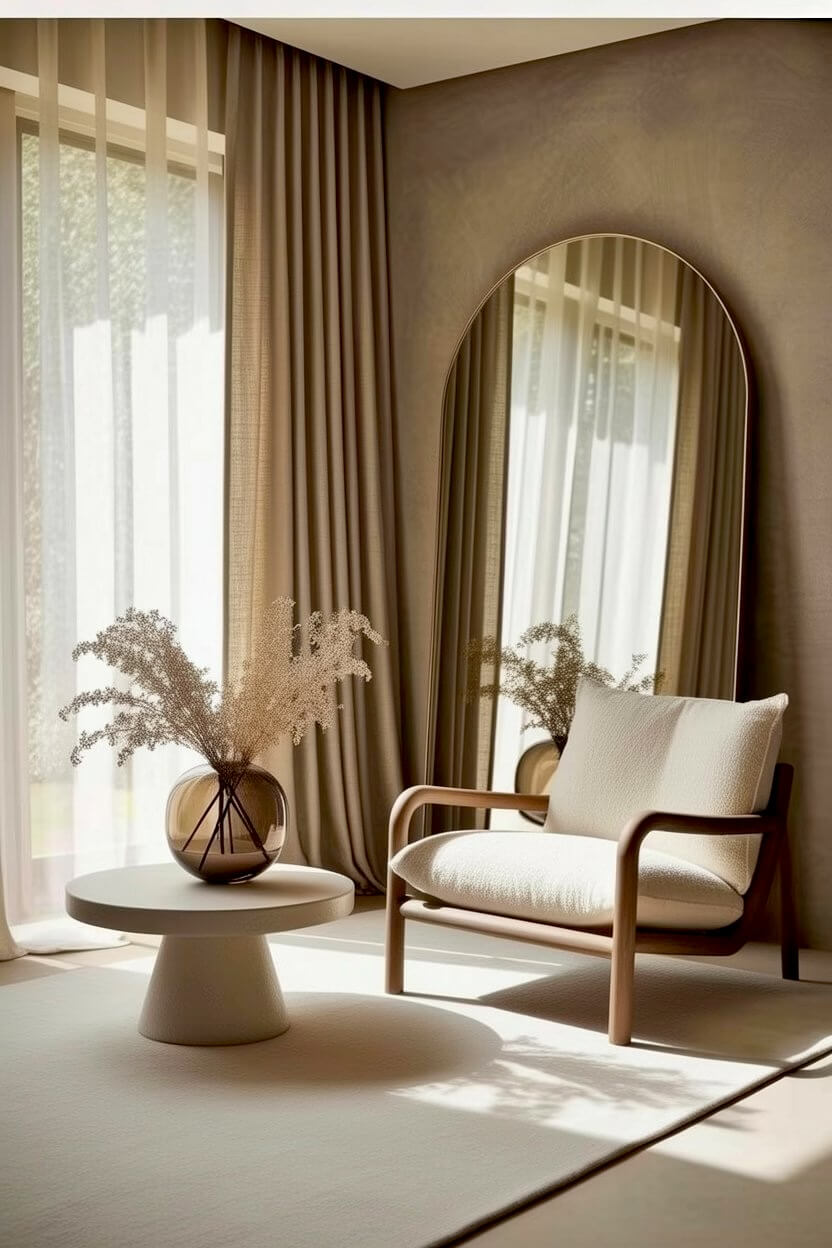 Large arched brass floor mirror reflecting natural sunlight behind a wood-frame armchair and a smoked glass vase, completing upscale minimalist lounge interiors.