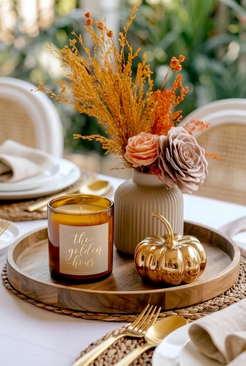 Round wooden tray staging a shiny gold decorative pumpkin an amber glass candle and a ribbed ceramic vase with peach wood flowers for elegant autumn decorating.