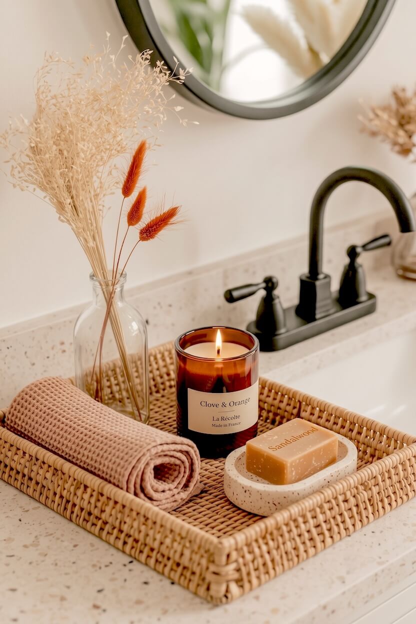 A square woven tray holds a folded pink towel, a glowing clove and orange candle, sandalwood soap, and dried grass in a clear vase for cozy, warm minimalist fall decor.