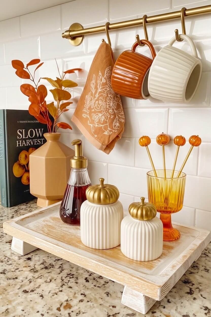 A whitewashed wooden tray holds ribbed ceramic canisters with gold pumpkin lids next to an amber glass goblet for elegant autumn coffee counter styling.