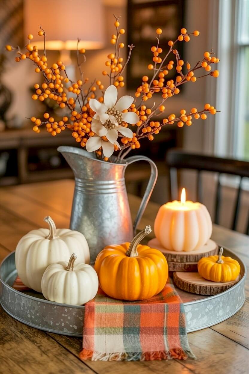 Galvanized metal tray styled with an orange and green plaid napkin resting under three pumpkins near a silver pitcher with orange berries for warm fall styling.