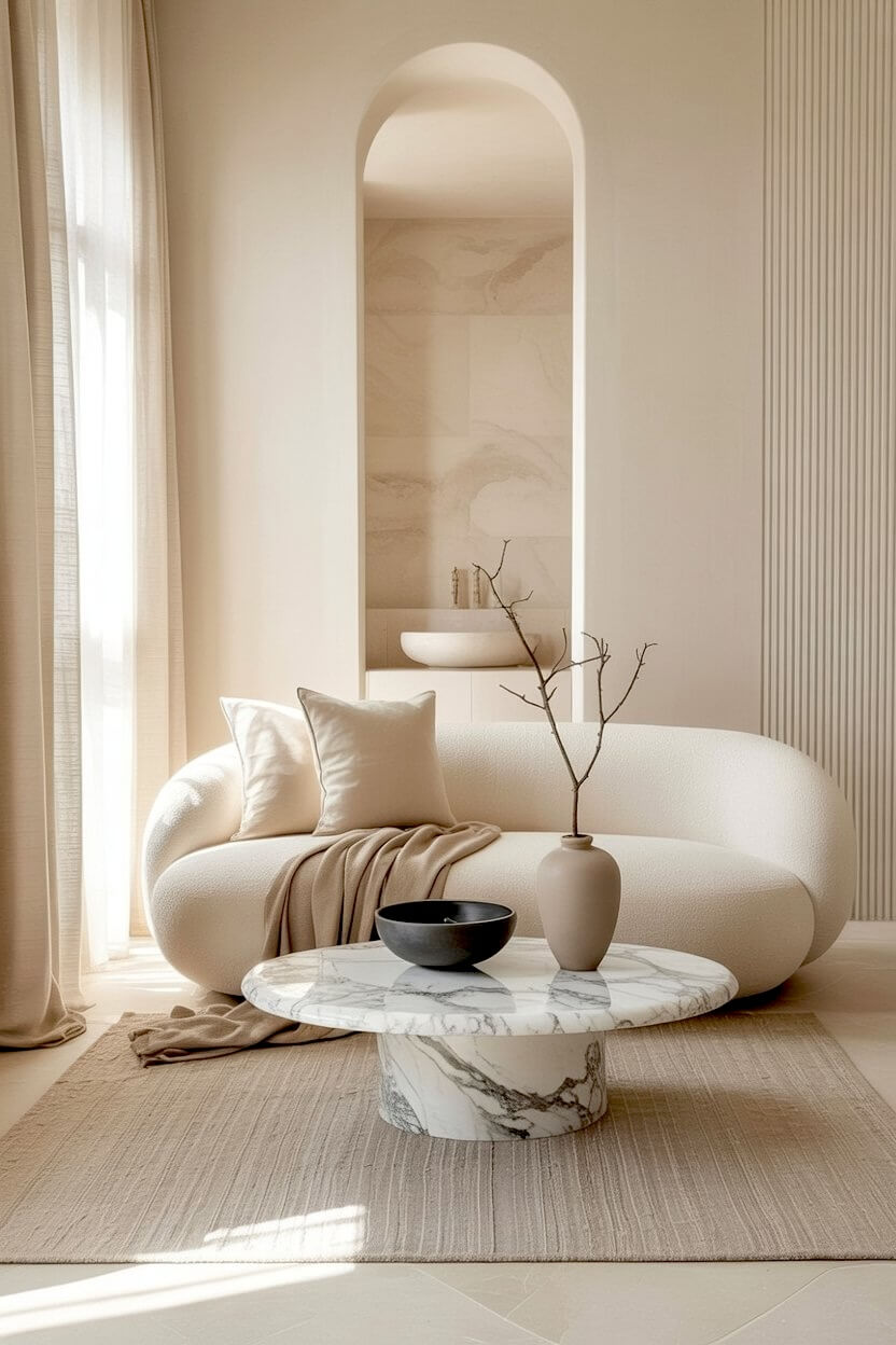 Round marble mushroom coffee table set beside a soft curved bouclé sofa and fluted wall paneling to create elevated, elegant minimalist sitting space designs.