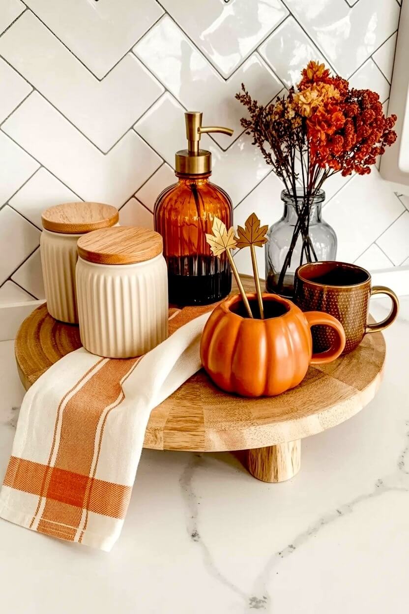 An orange ceramic pumpkin mug with gold leaf stirrers sits on a round wooden tray alongside ribbed white canisters for warm fall season coffee station layouts.