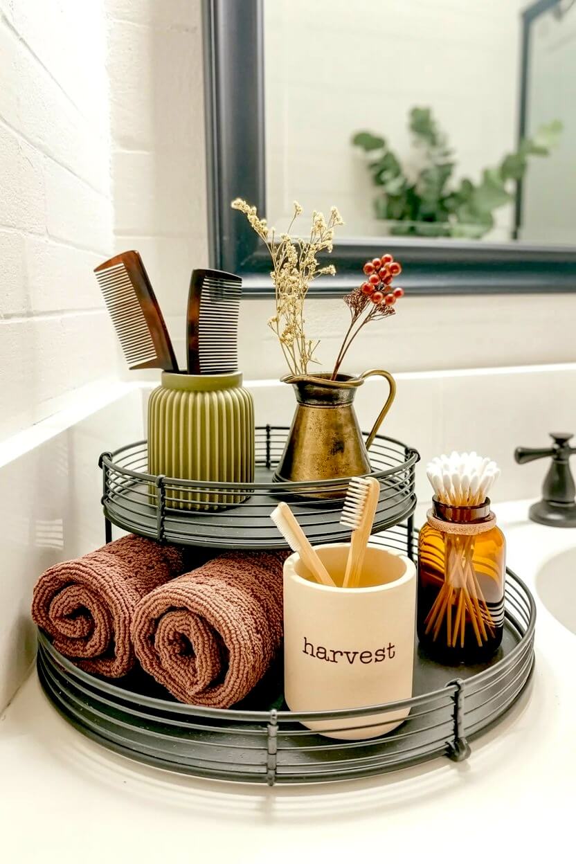 A two-tier black wire tray organizes brown washcloths, a ribbed green cup with combs, bamboo toothbrushes, and a jar of cotton swabs for fall styling.