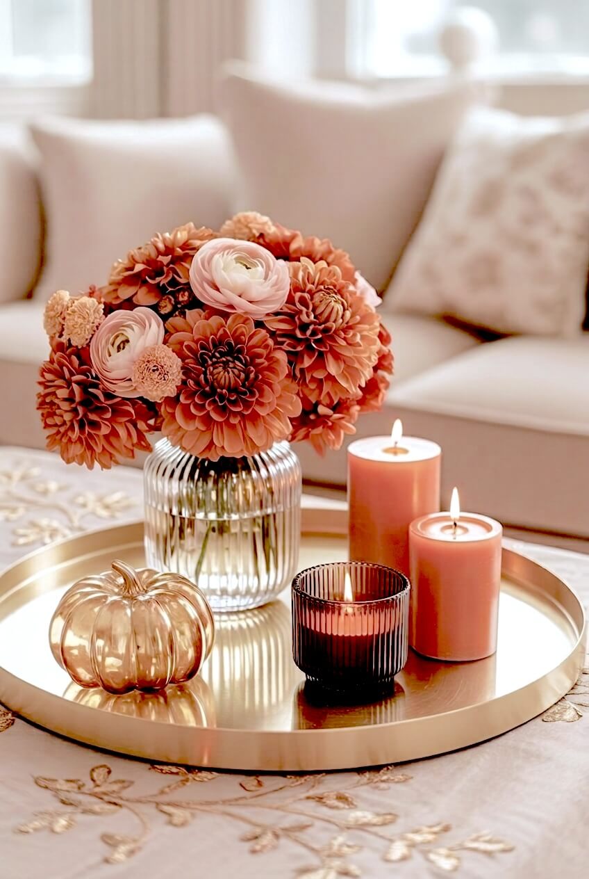 Round polished gold tray reflecting a small metallic gold pumpkin pink pillar candles and a fluted glass vase filled with rust and blush dahlias for chic decor.