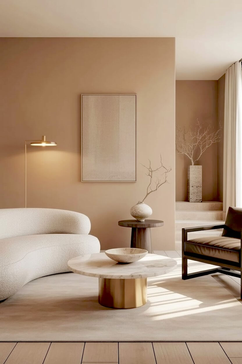 Warm bronze color palette featuring a round marble table on a brass cylinder base near a curved white sofa, showcasing affluent minimalist living room layouts.