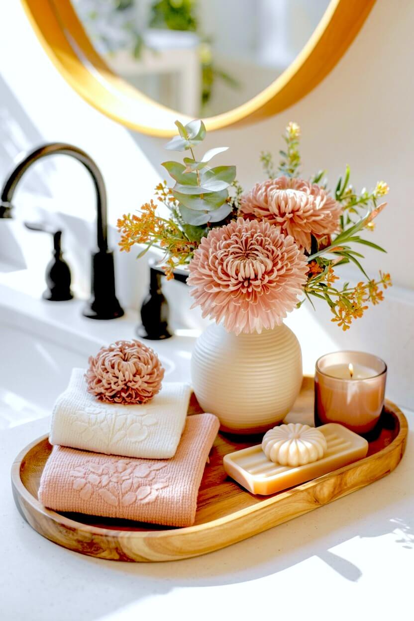 A light wood tray presents folded embossed towels, a lit candle, and a ribbed white vase filled with soft pink chrysanthemums for romantic autumn styling.