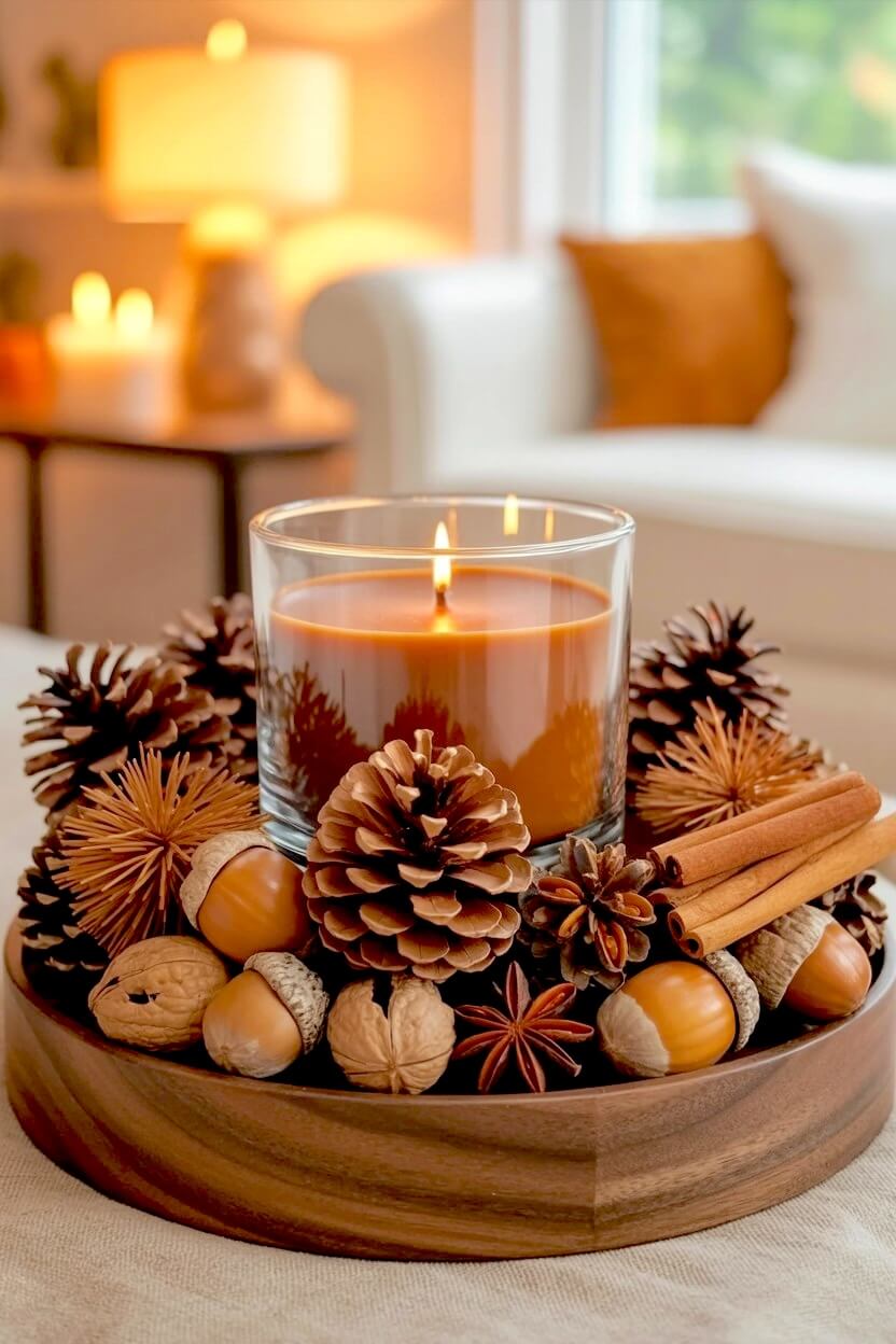 Round dark wood tray packed with scattered pinecones cinnamon sticks and whole acorns surrounding a large three wick amber glass candle for rustic tablescapes.