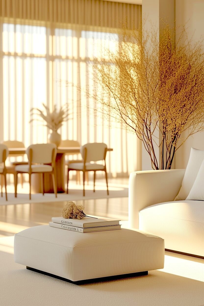 Bright open space with a textured square ottoman, a cream sofa, and a large indoor tree with yellow blossoms capturing beautiful minimalist elegant room styling.