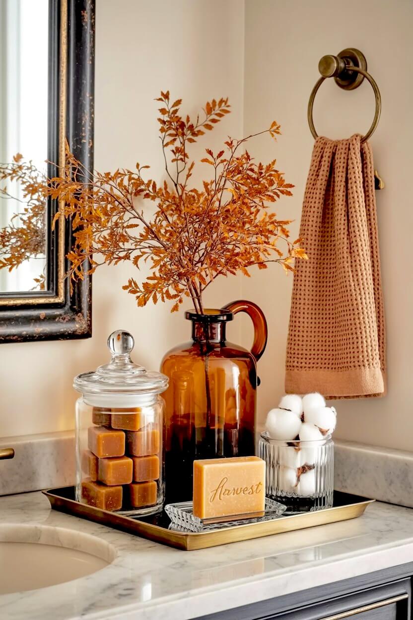 A black rectangular tray features a tall brown glass jug holding dried orange leaves next to a glass jar of caramel cubes and harvest soap for fall design.
