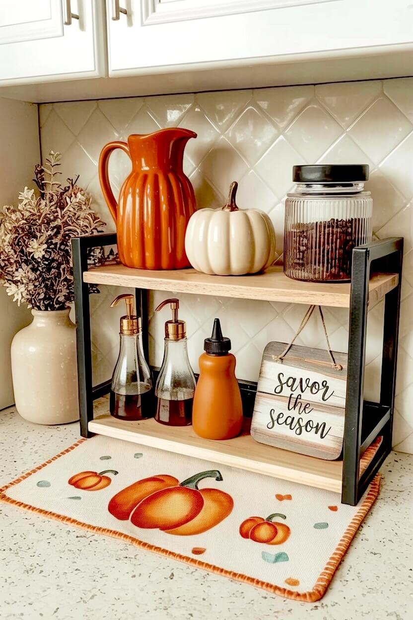 A two-tier wooden shelf displays an orange ribbed pitcher and glass syrup bottles, sitting above a decorative pumpkin mat for cozy fall kitchen coffee bar ideas.
